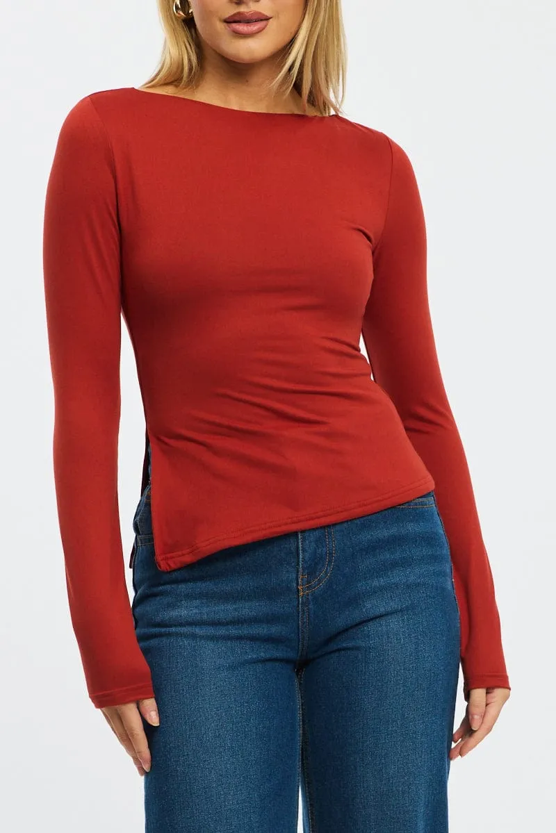 Red Boat Neck Top Long Sleeve Side Split sold by Ally Fashion product image thumbnail 5