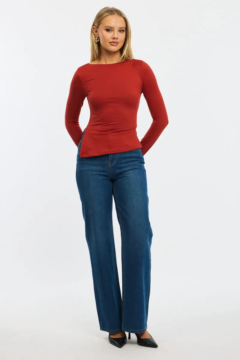 Red Boat Neck Top Long Sleeve Side Split sold by Ally Fashion product image thumbnail 2