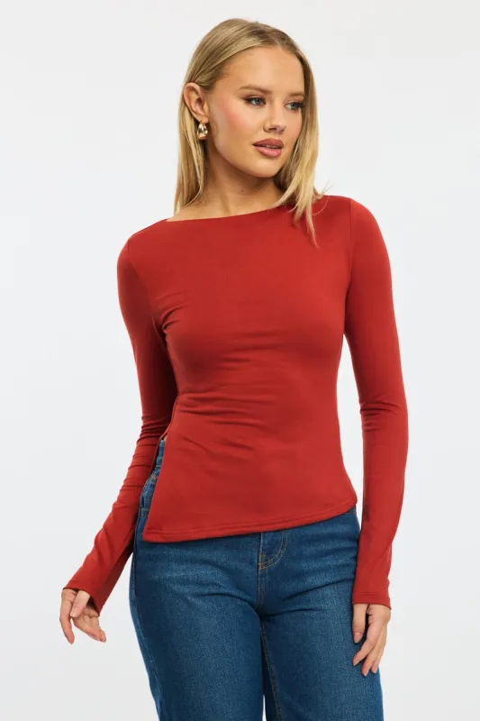 Red Boat Neck Top Long Sleeve Side Split sold by Ally Fashion