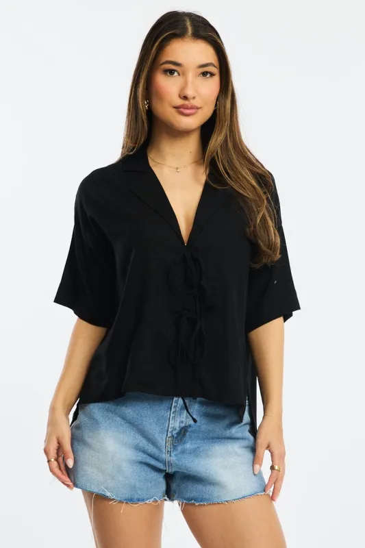 Black Tie Up Top Short Sleeve sold by Ally Fashion