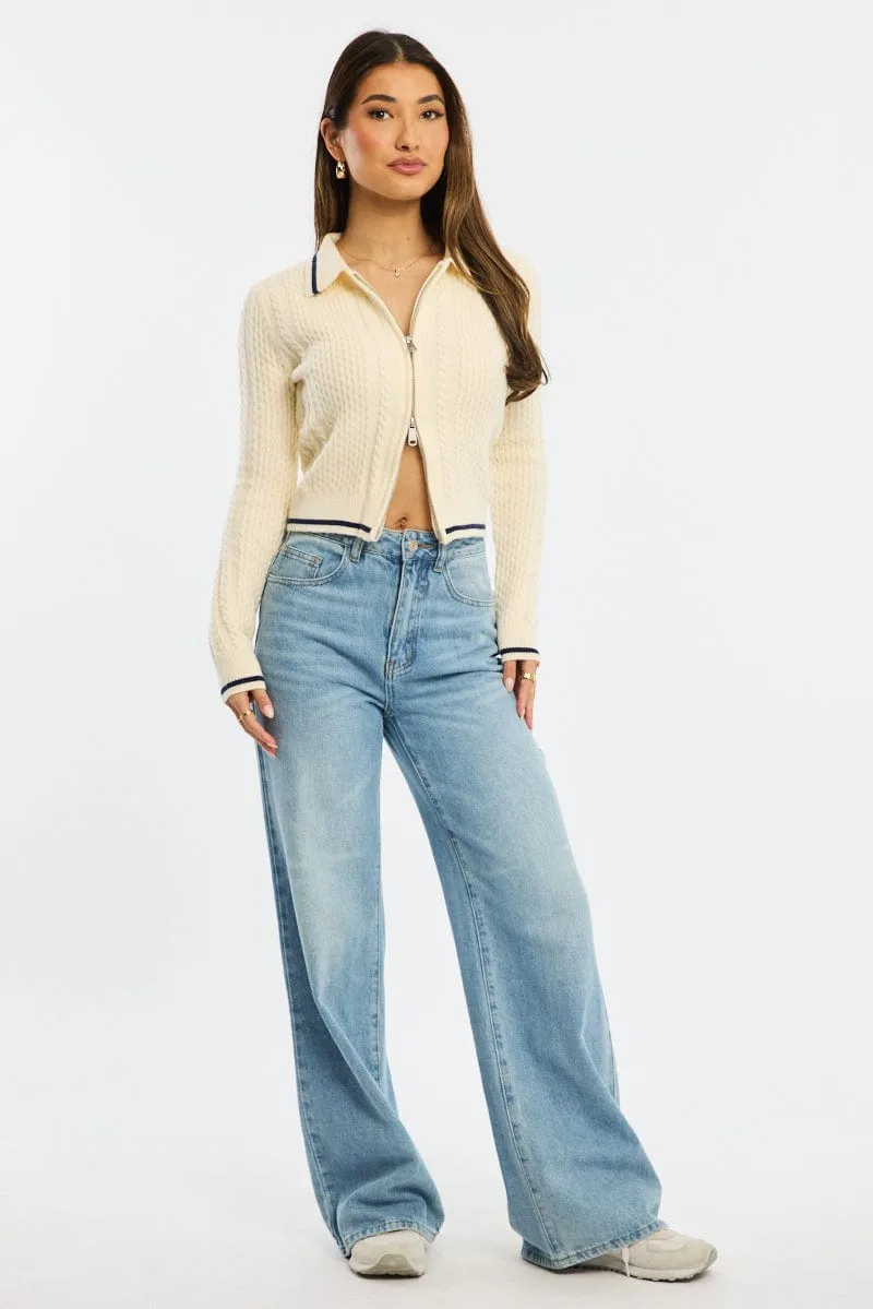 White Knit Jacket Cable Polo Collar Zip-up sold by Ally Fashion product image thumbnail 2