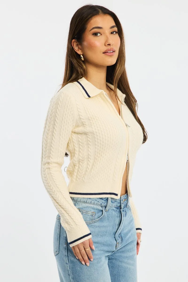 White Knit Jacket Cable Polo Collar Zip-up sold by Ally Fashion product image thumbnail 3