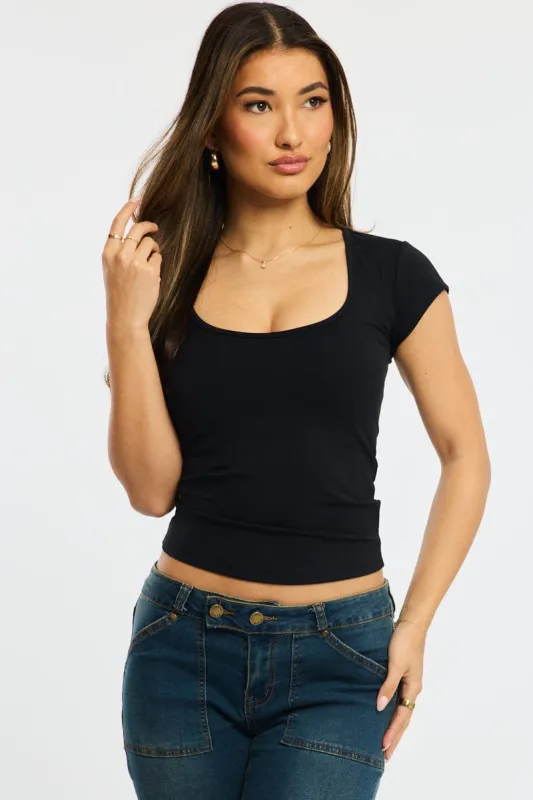 Black T-shirt Cap Sleeve Sweetheart Neck sold by Ally Fashion