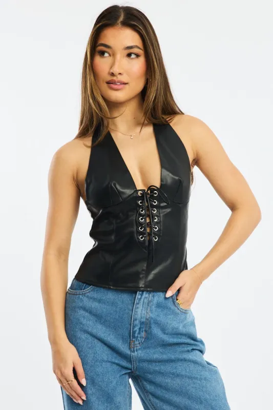 Black Lace Up Top Sleeveless V-neck Pu Faux Leather sold by Ally Fashion