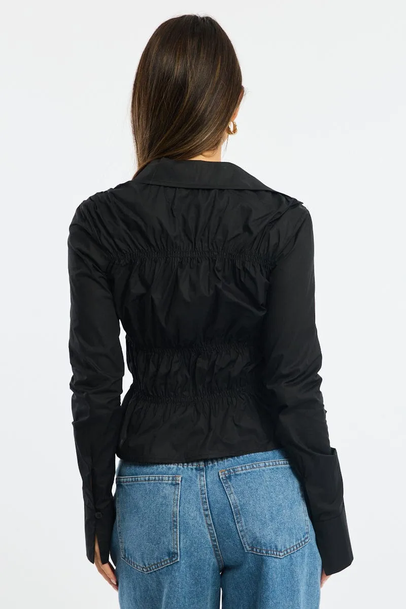 Black Shirred Shirt Long Collared Sleeve Button Up sold by Ally Fashion product image thumbnail 4