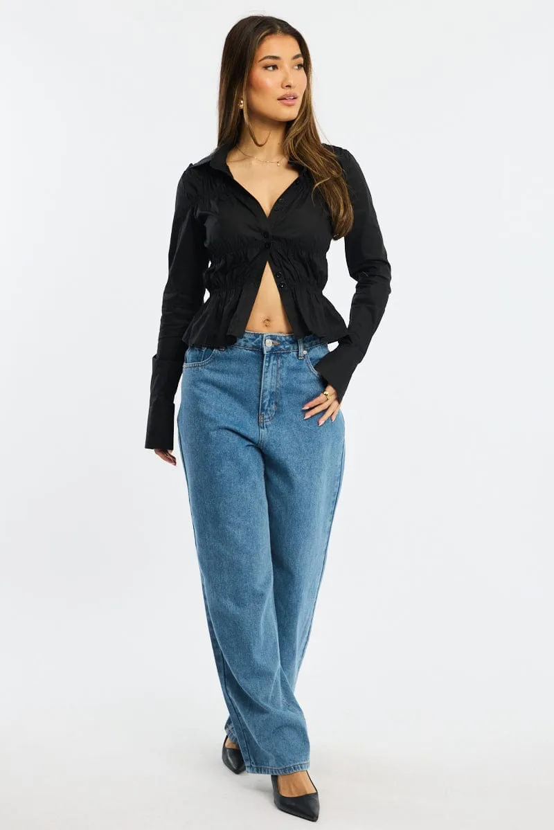 Black Shirred Shirt Long Collared Sleeve Button Up sold by Ally Fashion product image thumbnail 2