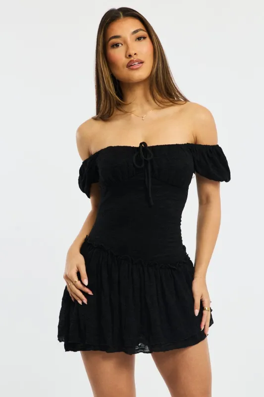 Black Playsuit Puff Sleeve Lace Fabric sold by Ally Fashion