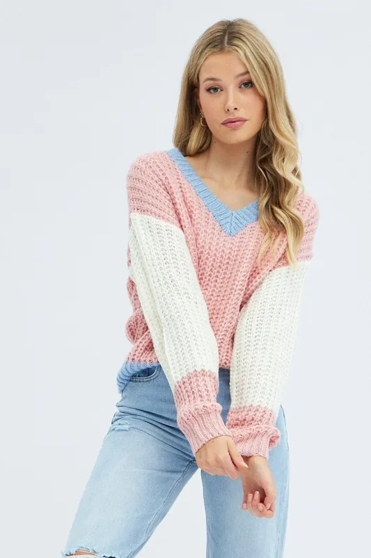 Multi Knit Top Long Sleeve Round Neck Colour Block sold by Ally Fashion