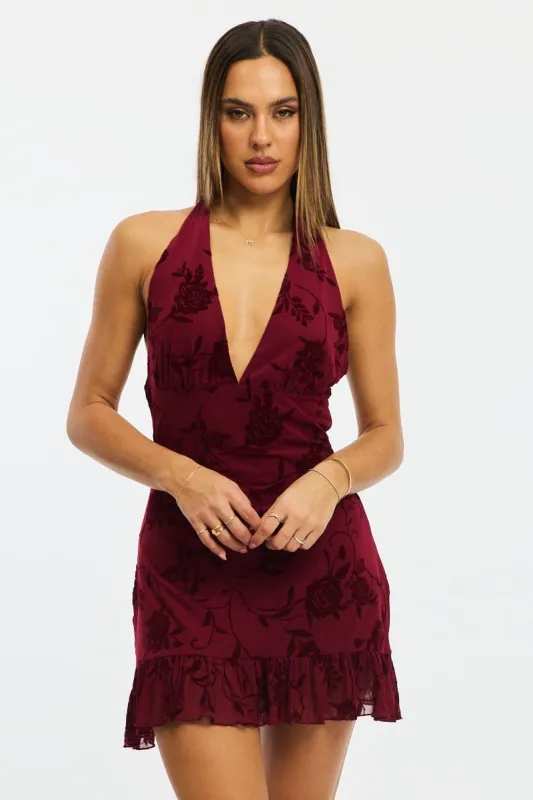 Red Halter Neck Mini Dress Burnout sold by Ally Fashion
