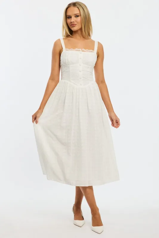 White Midi Dress Gathered Bust Lace Trim sold by Ally Fashion