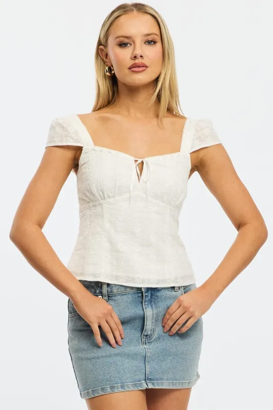 White Eyelet Top Cap Sleeve Sweetheart Neckline Broderie sold by Ally Fashion