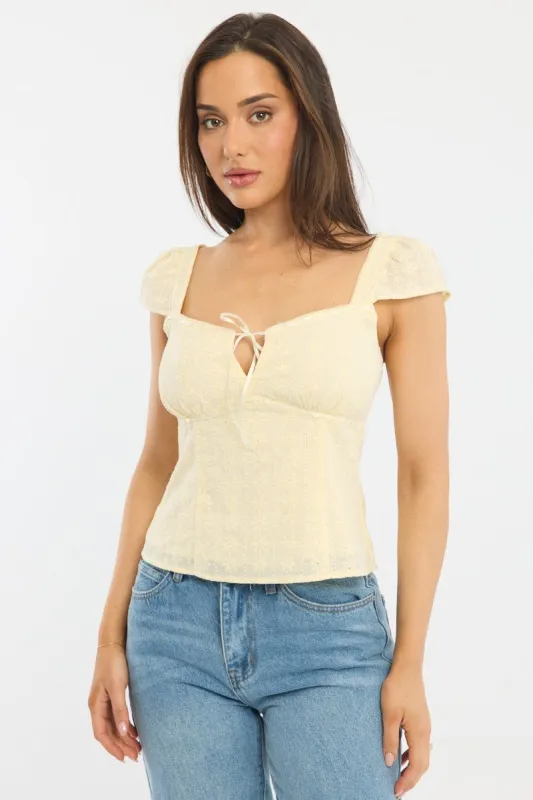 Yellow Eyelet Top Cap Sleeve Sweetheart Neckline Broderie sold by Ally Fashion