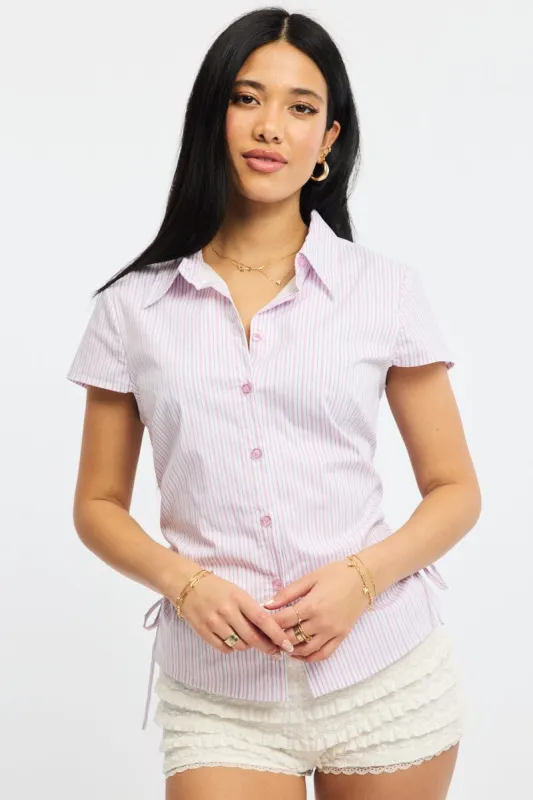Pink Stripe Short Sleeve Shirt Collared Side Ruched Button Up sold by Ally Fashion