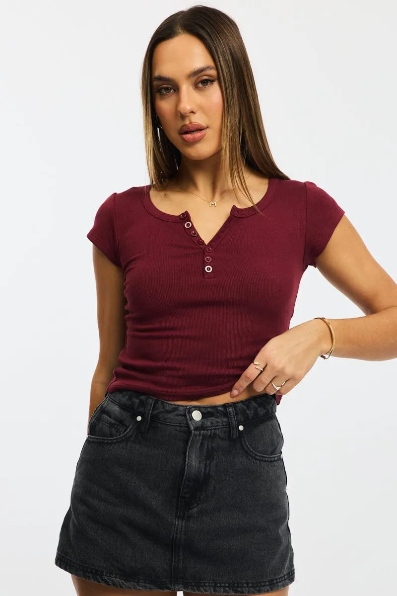 Red Button Down Tee Short Sleeve Rib sold by Ally Fashion