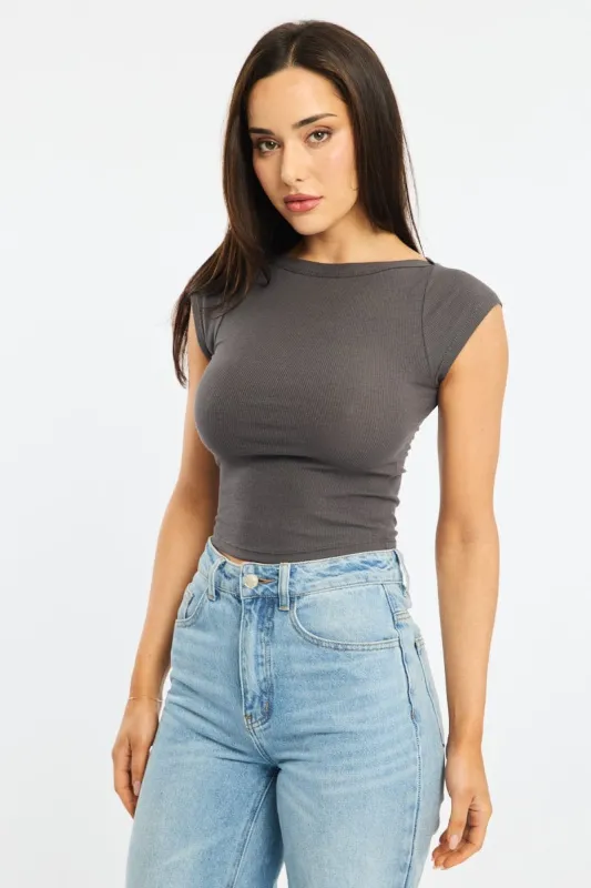 Grey Boat Neck Top Short Sleeve sold by Ally Fashion