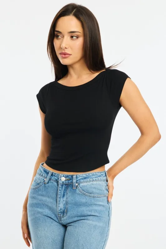Black Boat Neck Top Short Sleeve sold by Ally Fashion