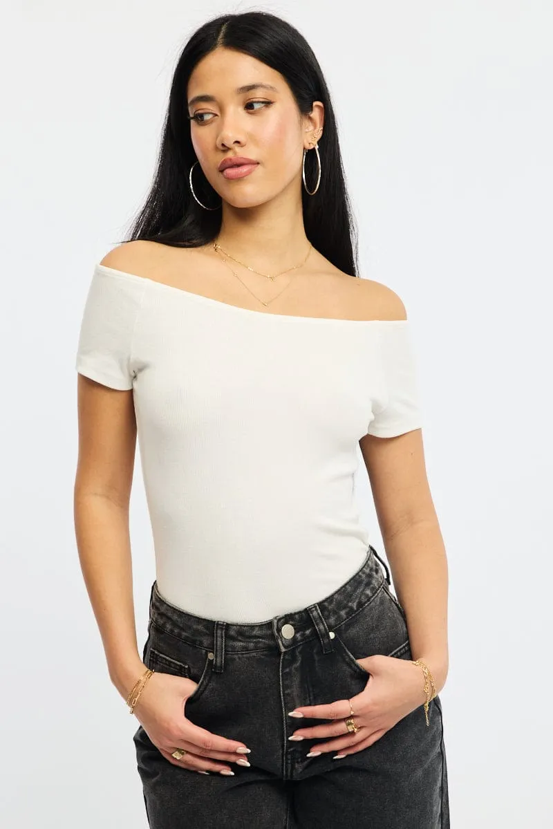 White Off Shoulder Top Rib sold by Ally Fashion