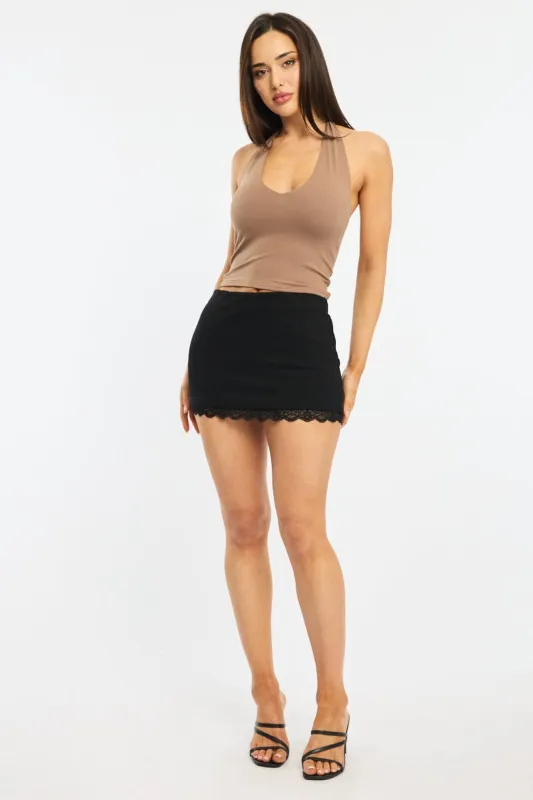 Black Mini Skort Skirt High Waisted Lace Hem Ponte sold by Ally Fashion