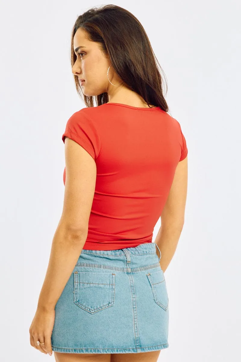 Red T-shirt Cap Sleeve Sweetheart Neck sold by Ally Fashion product image thumbnail 4