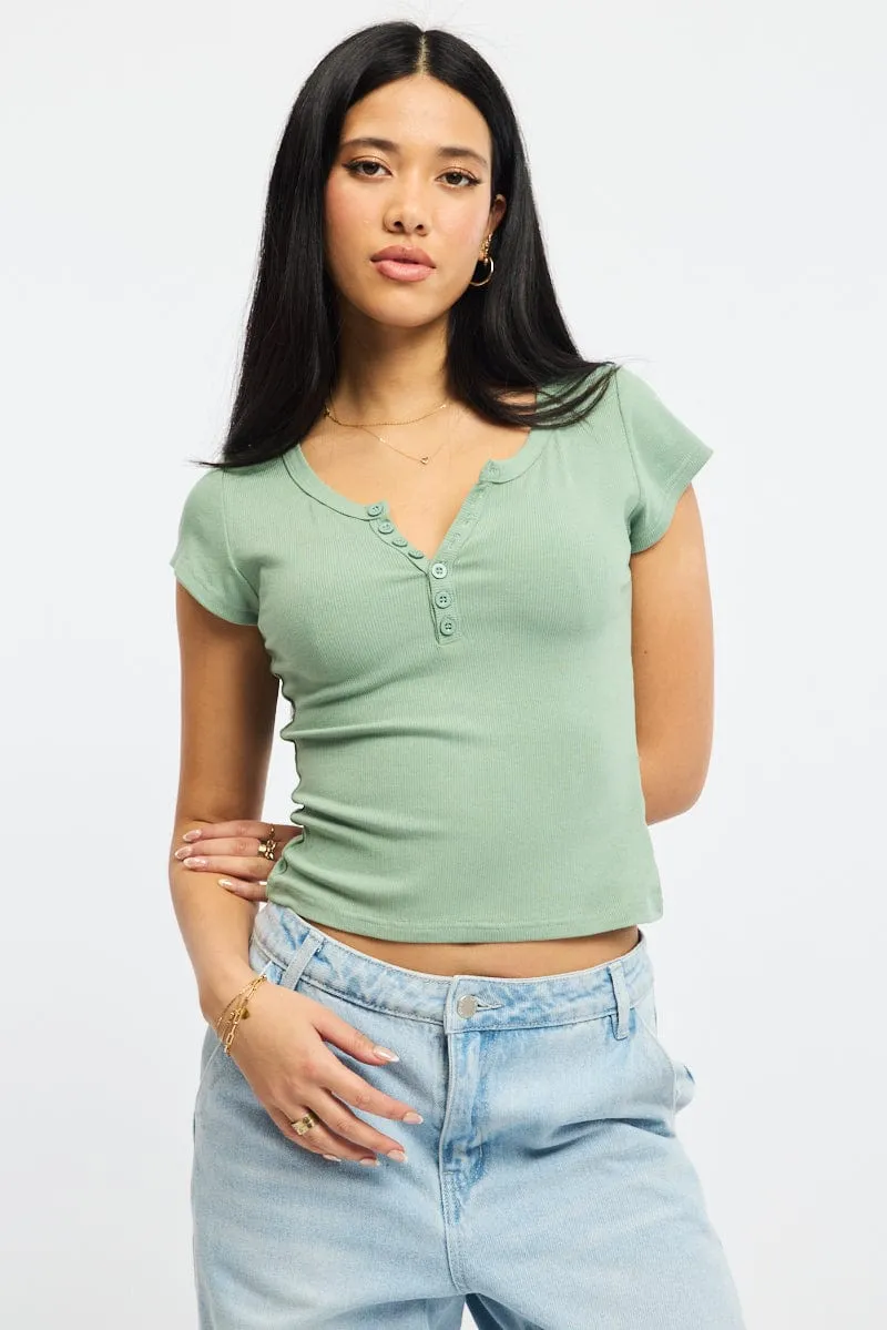 Green Button Down Tee Short Sleeve Rib sold by Ally Fashion