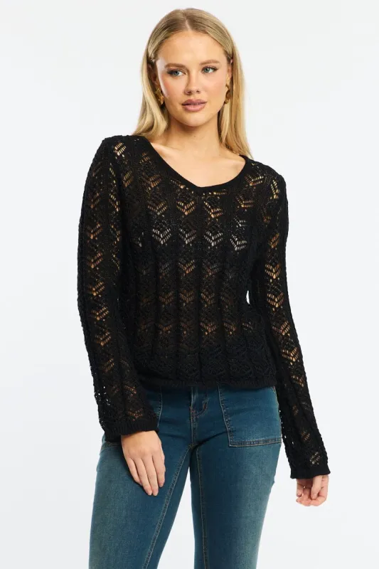 Black Crochet Knit Top Long Sleeve sold by Ally Fashion