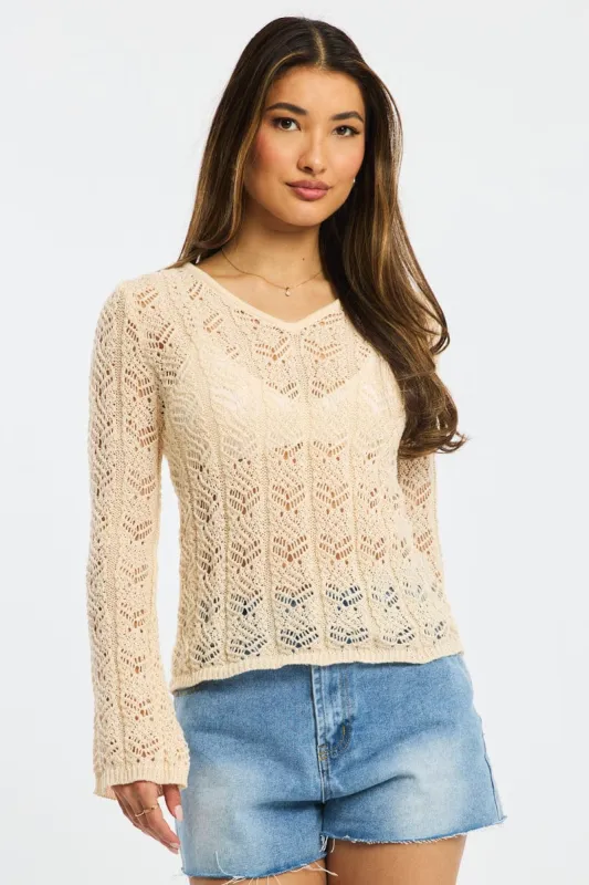 Beige Crochet Knit Top Long Sleeve sold by Ally Fashion