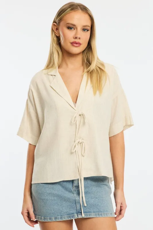 Beige Tie Up Top Short Sleeve sold by Ally Fashion