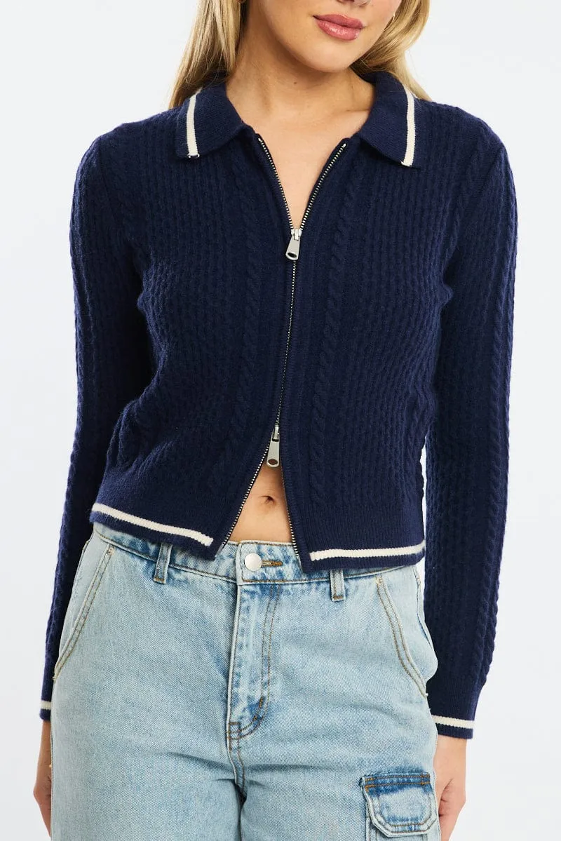 Blue Knit Jacket Cable Polo Collar Zip-up sold by Ally Fashion product image thumbnail 5