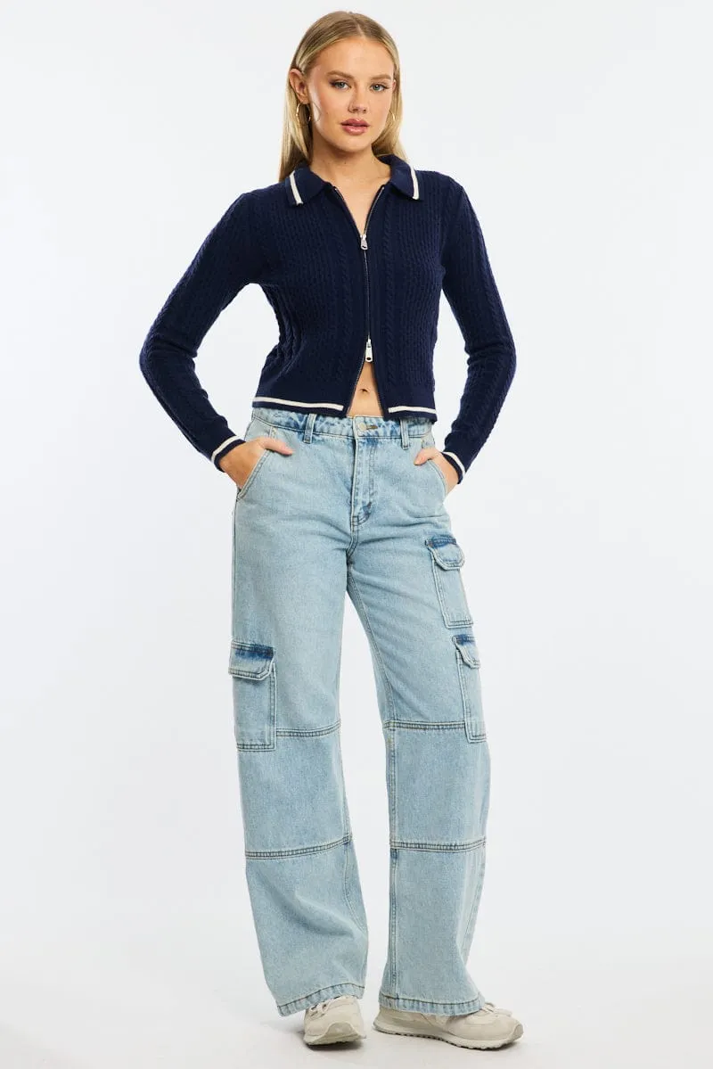 Blue Knit Jacket Cable Polo Collar Zip-up sold by Ally Fashion product image thumbnail 2