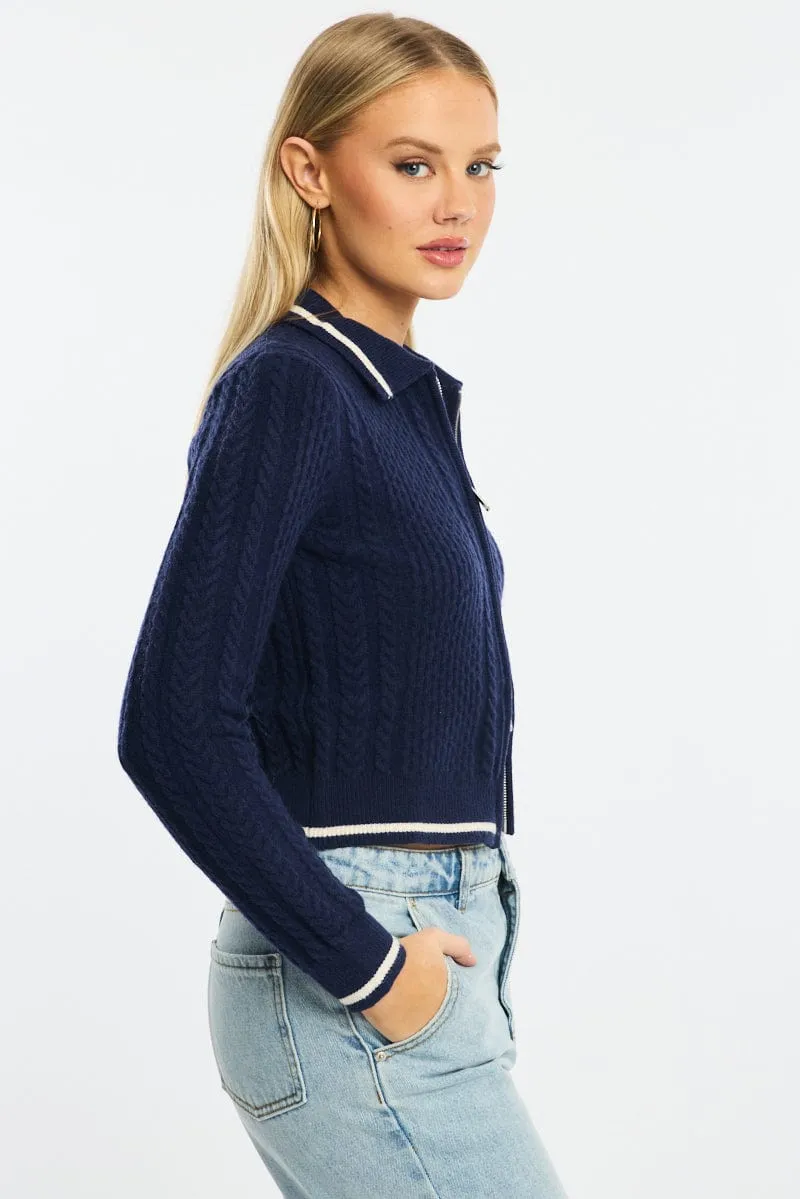 Blue Knit Jacket Cable Polo Collar Zip-up sold by Ally Fashion product image thumbnail 3