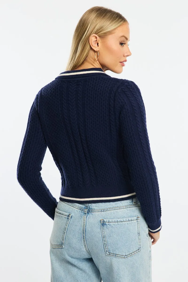 Blue Knit Jacket Cable Polo Collar Zip-up sold by Ally Fashion product image thumbnail 4