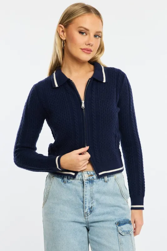 Blue Knit Jacket Cable Polo Collar Zip-up sold by Ally Fashion