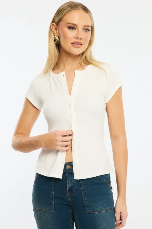 White Button Front Top Short Sleeve sold by Ally Fashion