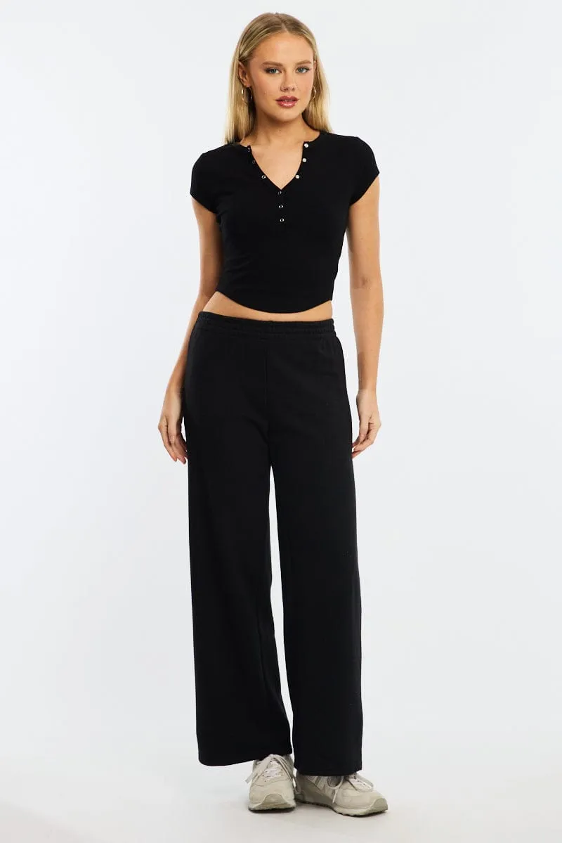 Black T-shirt Short Sleeve Henley Neck Rib sold by Ally Fashion product image thumbnail 2