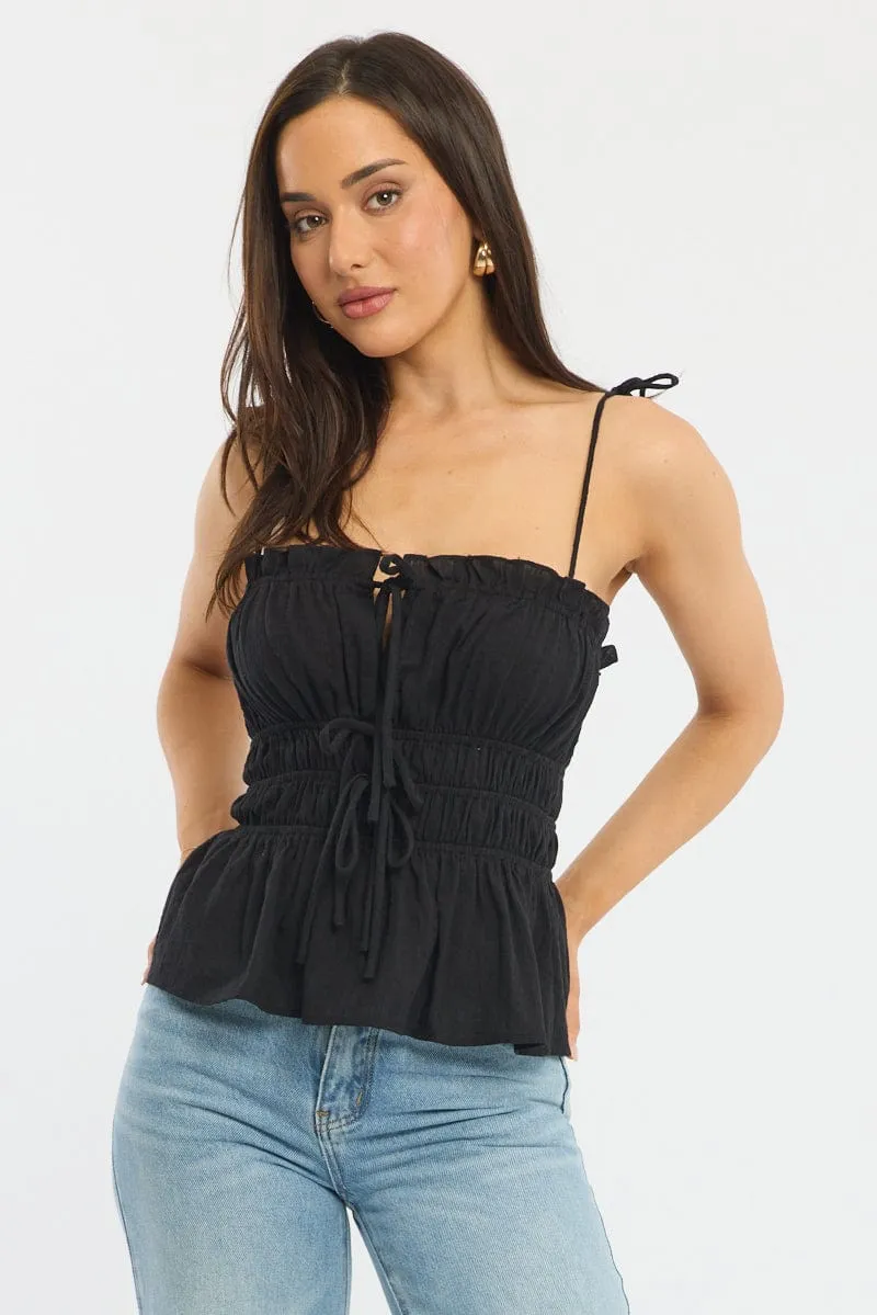 Black Gathered Tie Cami Sleeveless Notched Front sold by Ally Fashion