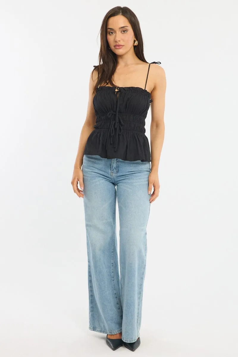 Black Gathered Tie Cami Sleeveless Notched Front sold by Ally Fashion product image thumbnail 2