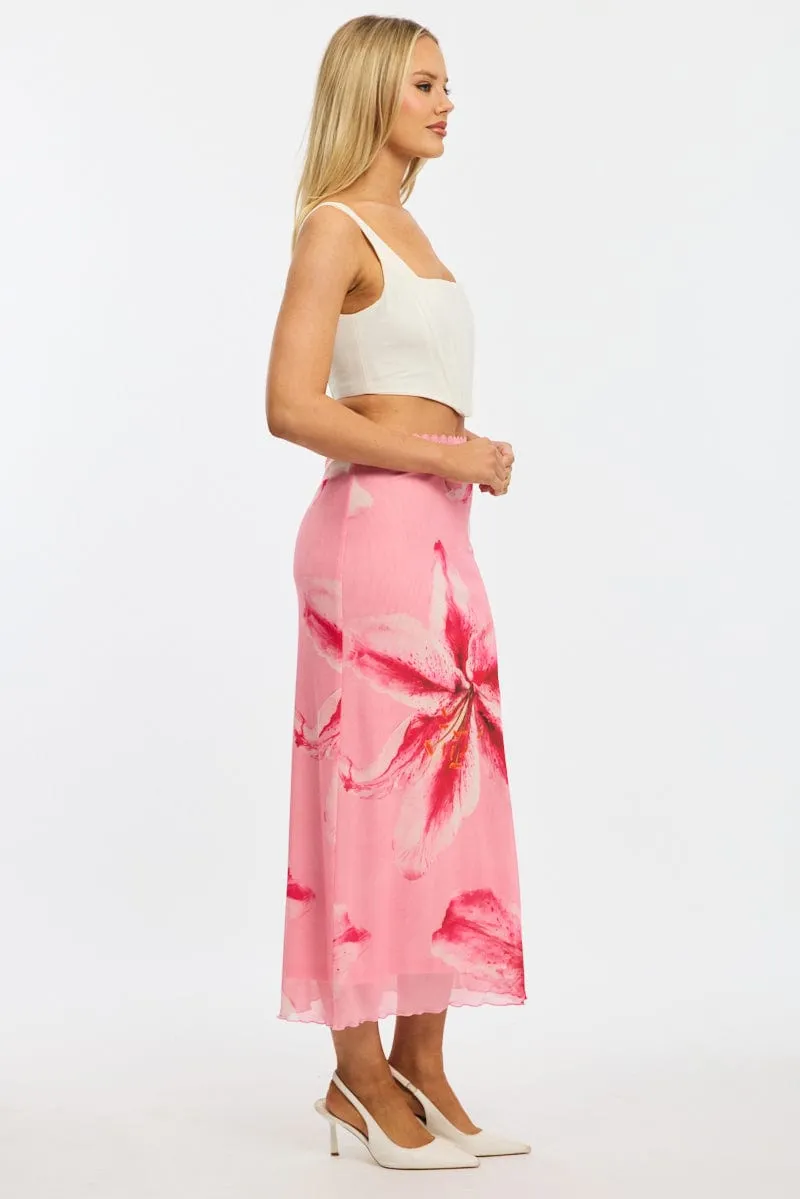 Pink Floral Mesh Skirt Elasticated Lace Trim Midaxi sold by Ally Fashion product image thumbnail 3