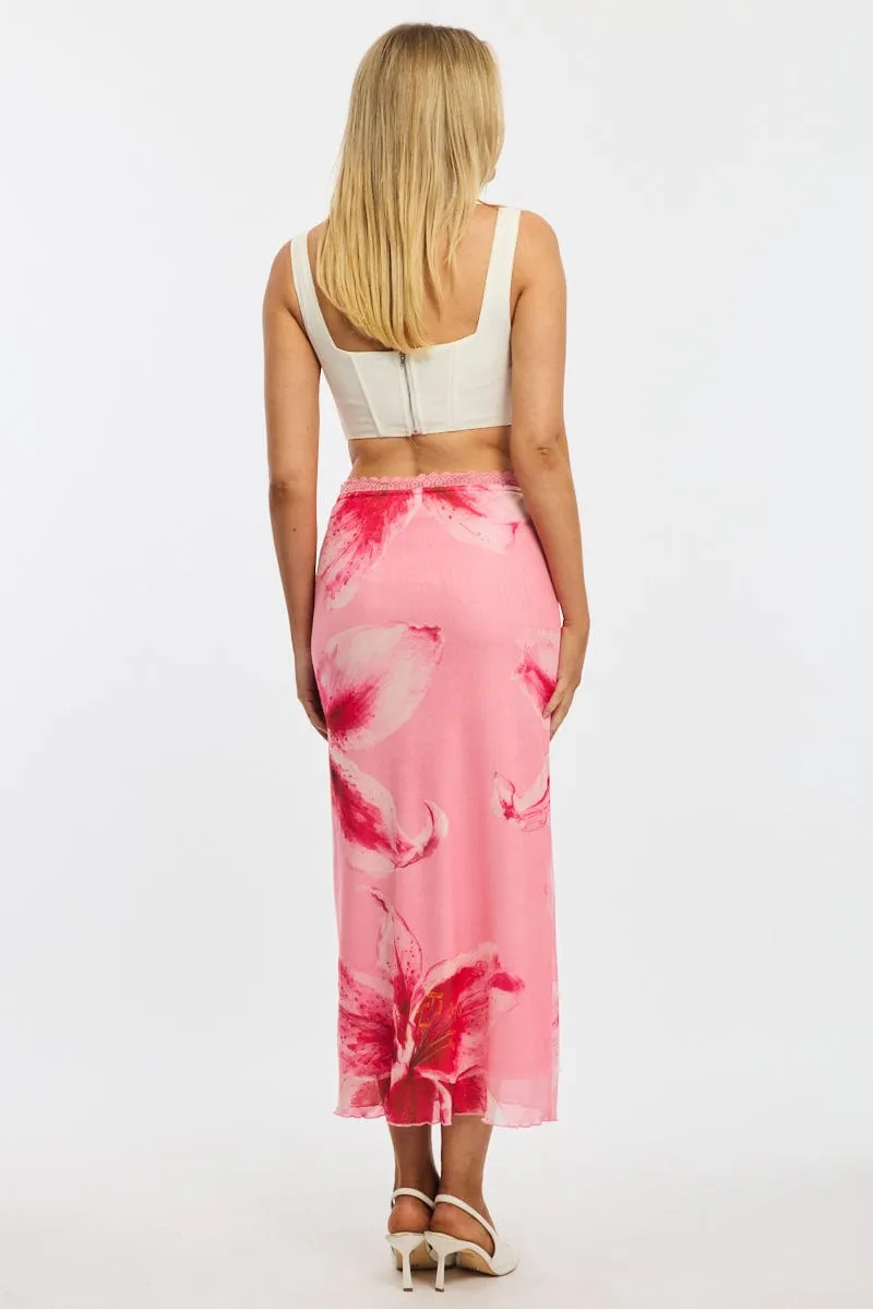 Pink Floral Mesh Skirt Elasticated Lace Trim Midaxi sold by Ally Fashion product image thumbnail 4
