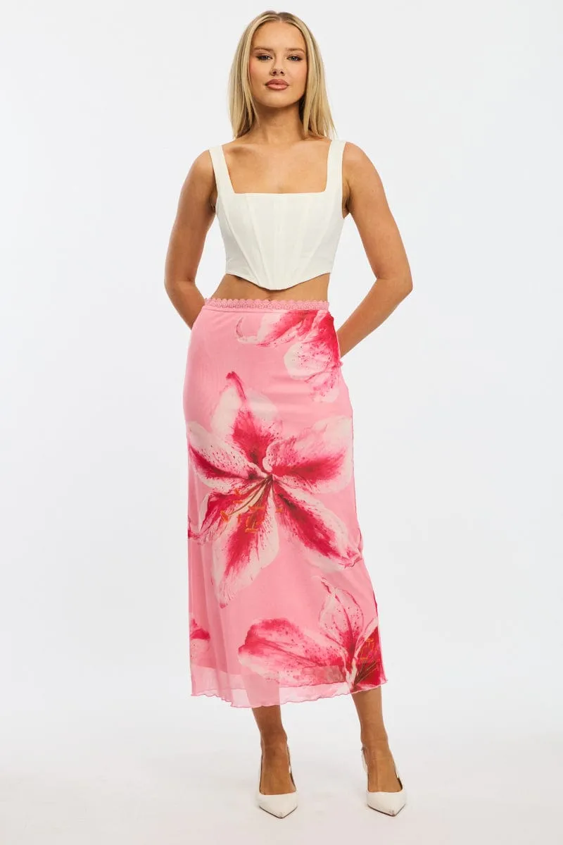 Pink Floral Mesh Skirt Elasticated Lace Trim Midaxi sold by Ally Fashion