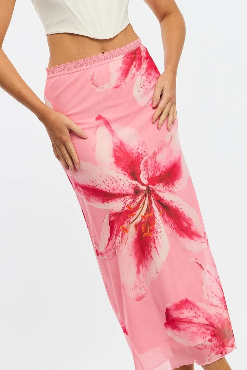 Pink Floral Mesh Skirt Elasticated Lace Trim Midaxi sold by Ally Fashion product image thumbnail 5