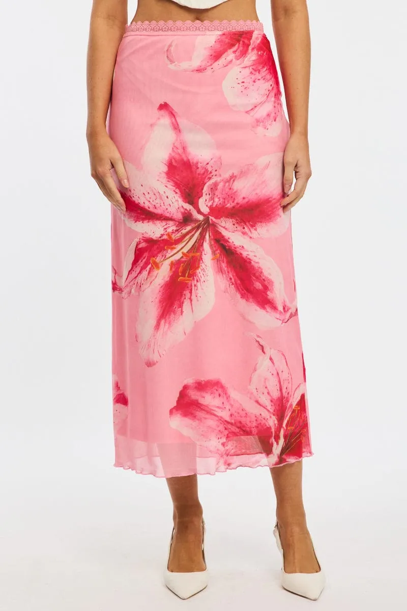 Pink Floral Mesh Skirt Elasticated Lace Trim Midaxi sold by Ally Fashion product image thumbnail 2