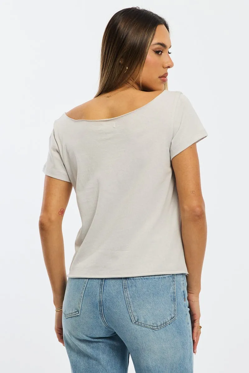 Grey Graphic Tee Off Shoulder sold by Ally Fashion product image thumbnail 4