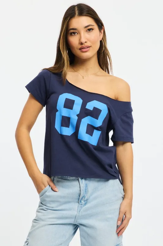 Blue Graphic Tee Off Shoulder sold by Ally Fashion