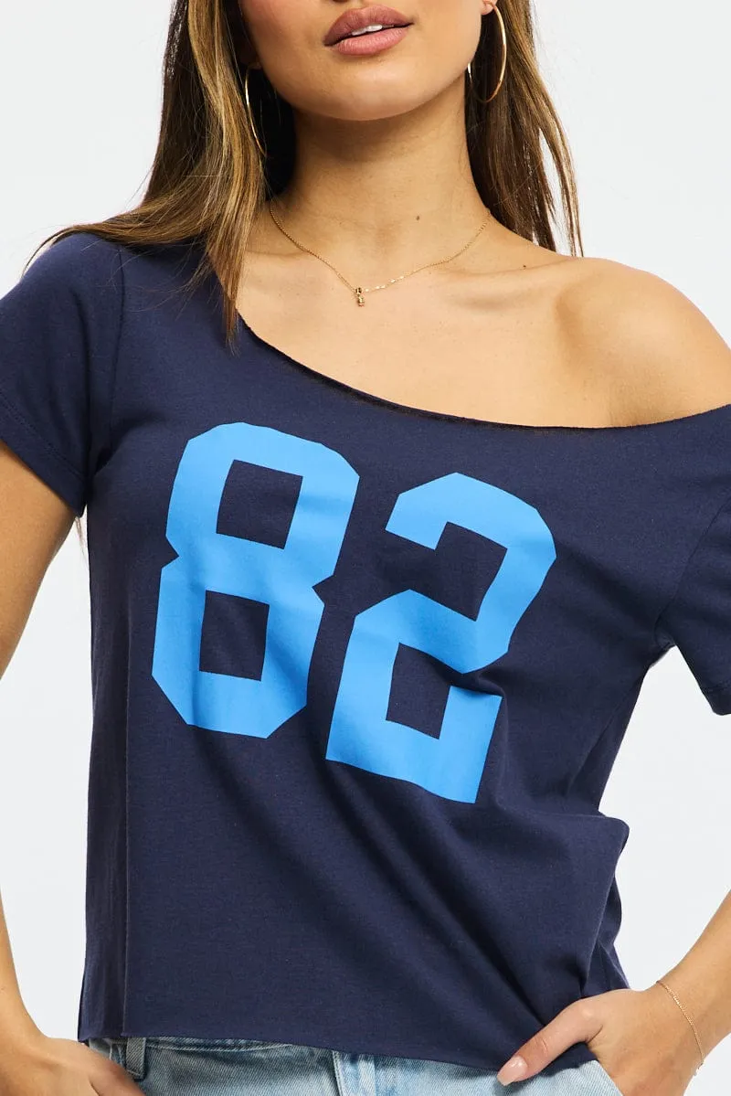 Blue Graphic Tee Off Shoulder sold by Ally Fashion product image thumbnail 5