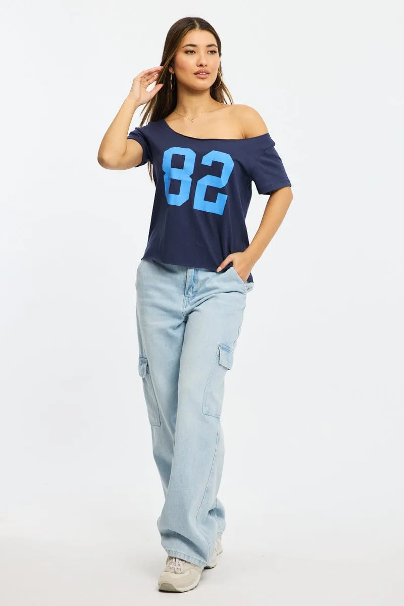 Blue Graphic Tee Off Shoulder sold by Ally Fashion product image thumbnail 2