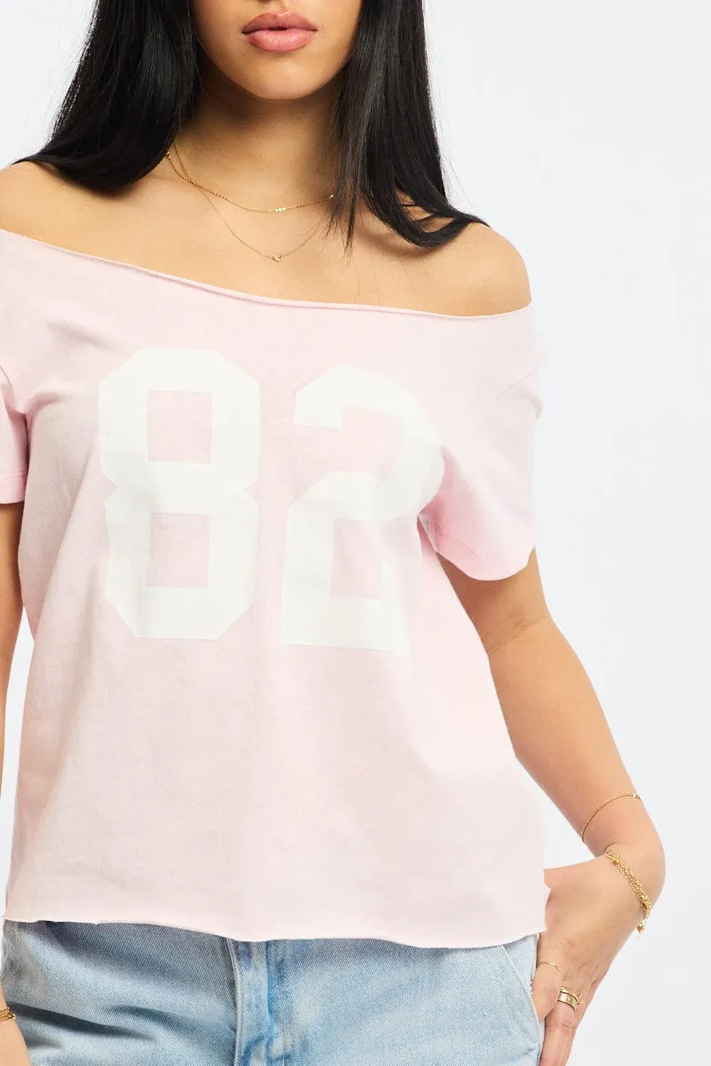 Pink Graphic Tee Off Shoulder sold by Ally Fashion product image thumbnail 5