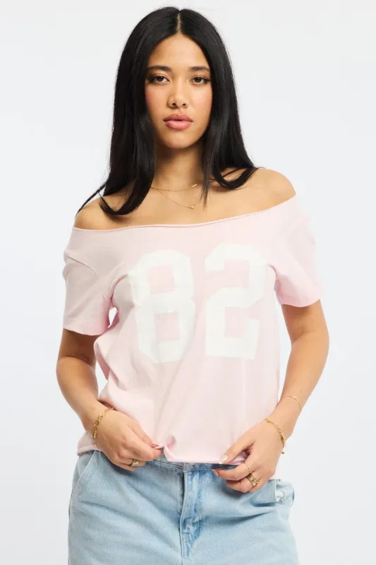 Pink Graphic Tee Off Shoulder sold by Ally Fashion