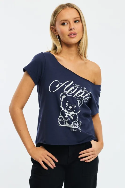 Blue Graphic Tee Off Shoulder sold by Ally Fashion