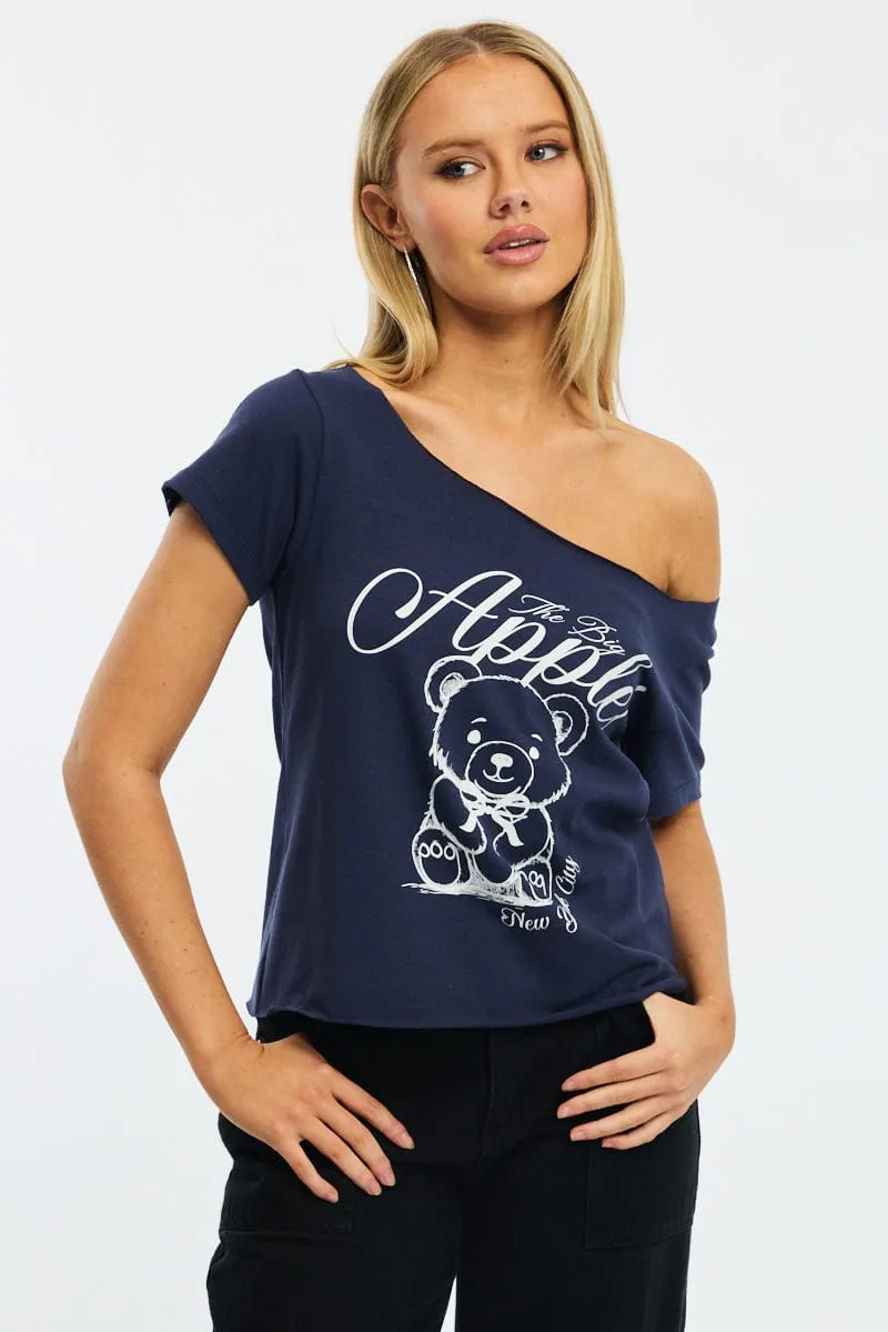 Blue Graphic Tee Off Shoulder sold by Ally Fashion
