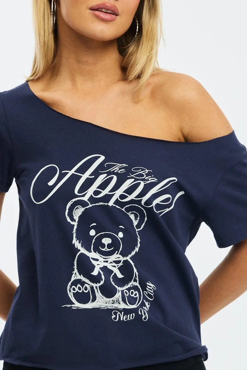 Blue Graphic Tee Off Shoulder sold by Ally Fashion product image thumbnail 5